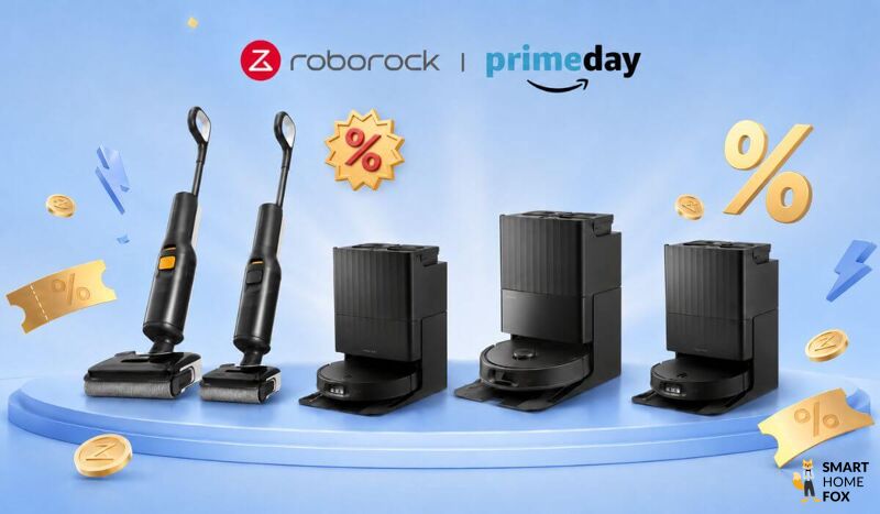 Roborock Saugroboter und Nass-Trockensauger der Saros-, Qrevo- und F25-Serie nebeneinander mit Prime Day Rabattkennzeichnungen